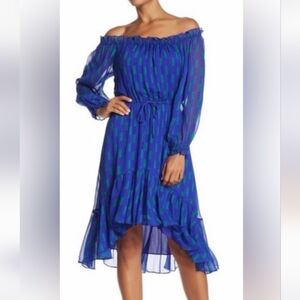 Diane Von Furstenberg Blue Silk Camila Off Shoulder Hi Low Dress 8
